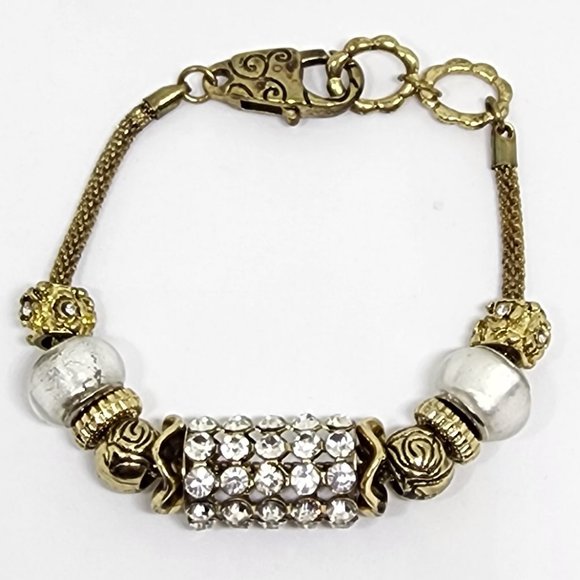 Gold and White Rhinestone Beaded Charm Lobster Claw Clasp Bracelet - Picture 3 of 8